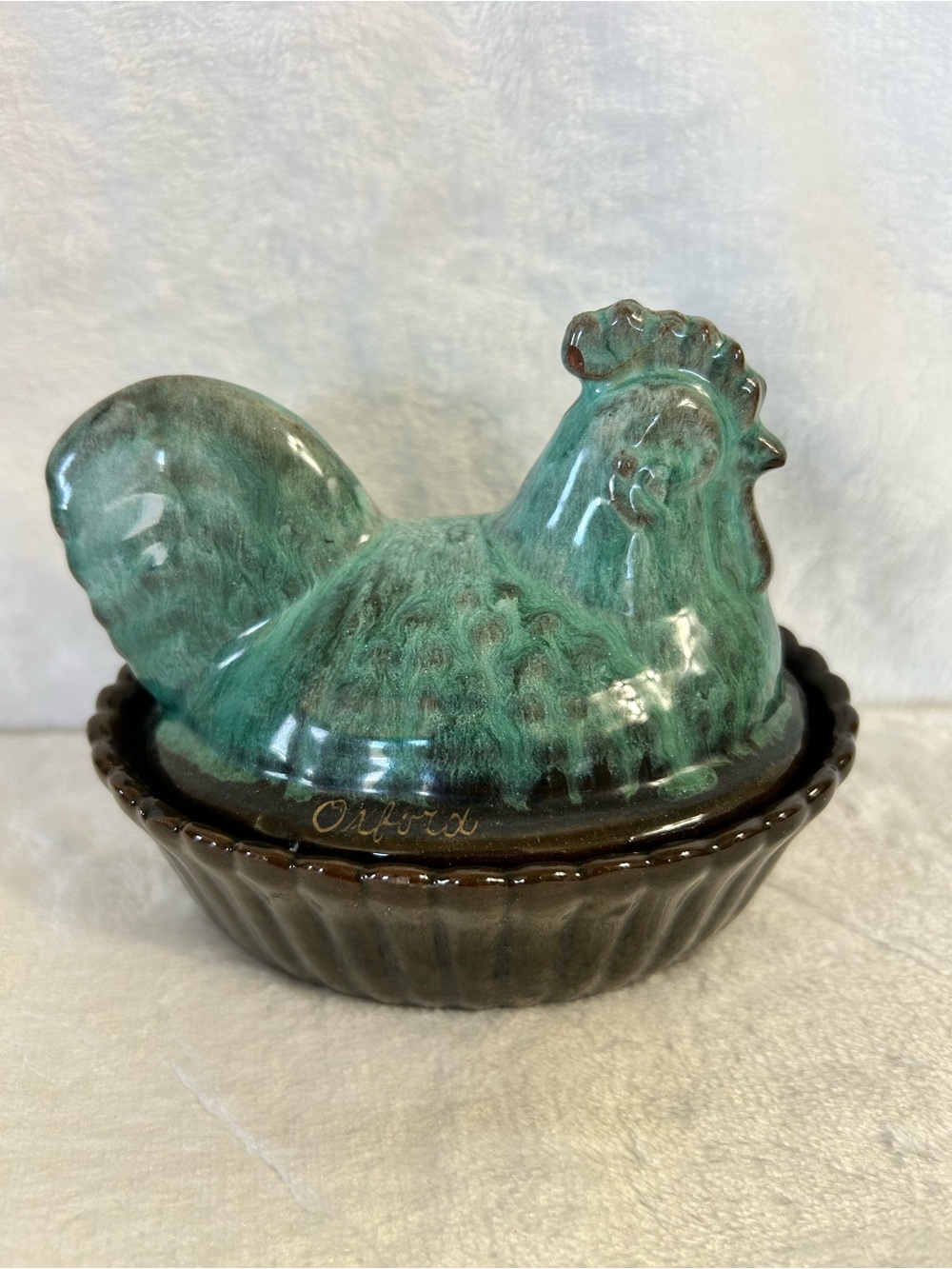 Vintage Stoneware Hen Covered Dish Blue Green Drip Glaze Farmhouse Chicken Decor